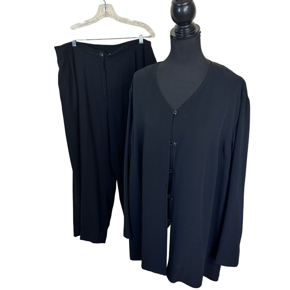 Josephine Chaus Womens Pant Set Black 2X V Neck Flowy Straight Leg Plus Size